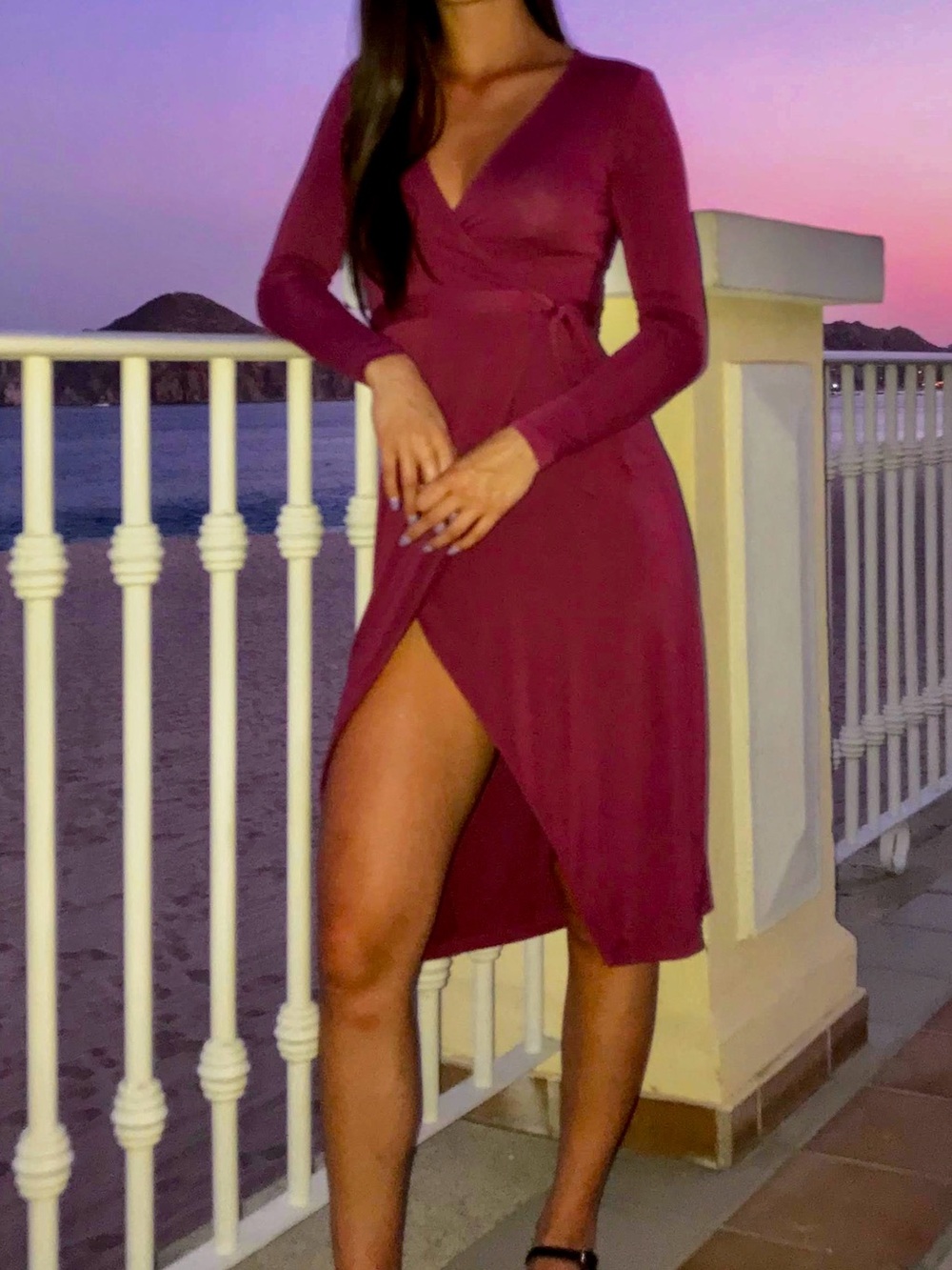 Wrap Midi Long Sleeve Dress in Dusty Rose Mauve Purple